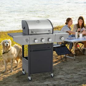 Propane Grill 3 Burner Barbecue Grill Stainless Steel Gas Grill With Side Burner, 37,000 BTU Outdoor Cooking, Patio, Garden Barbecue Grill, Black And