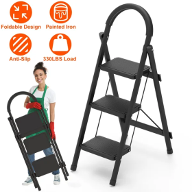 3-Step Folding Ladder, 330lbs Load Capacity, Lightweight 6.94lbs With 1.57in Folding Width, Heavy Duty Steel Construction, Non-Slip Pedals & Feet, Saf