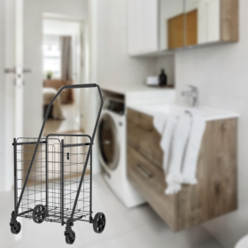 Shopping Cart With Open Door,Grocery Cart On Wheels, Foldable Utility Shopping Carts With Double Basket And 360  Rolling Swivel Wheels For Groceries L