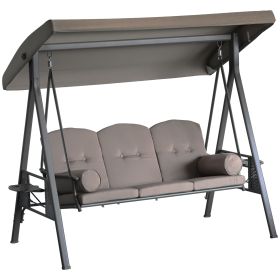 Patio Swing Bench 3-Person Steel Canopy Cushioned With Side Trays Comfortable Brown