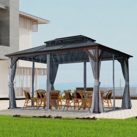 10' X 13' Hardtop Wood Gazebo For Patios, Outdoor Framed Gazebo With Polycarbonate Double Roof Canopy, Solid Wooden Framed Gazebo With Privacy Curtain