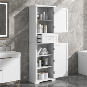 Tall Bathroom Storage Cabinet, Freestanding Storage Cabinet With Drawer And Adjustable Shelf, MDF Board With Painted Finish (Color: White)