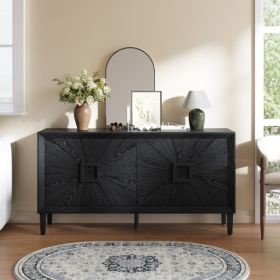 60'' Premium Rustic American Farmhouse Credenza - Symmetrical Sunburst Door Design, Heavy-Duty Antique Wood TV Stand With Adjustable Shelves, Storage (Color: Black)