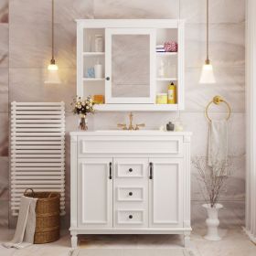 36'' Bathroom Vanity With Top Sink, Royal Blue Mirror Cabinet, Modern Bathroom Storage Cabinet With 2 Soft Closing Doors And 2 Drawers, Single Si (Color: White)