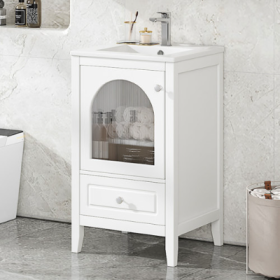 20 Bathroom Vanity With Sink, Bathroom Cabinet With Soft Closing Glass Door, A Drawer, Black (Color: White)