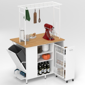 Kitchen Island With Storage Space, Breakfast Bar With Folding Flip-Up Panel, Large Storage Cabinet Shelves And Drawers, Large Coffee Bar Table Wi (Color: White)