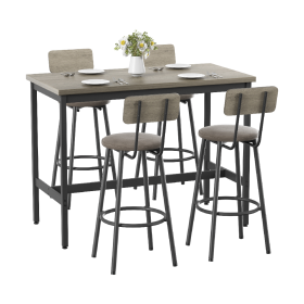 Only Supports Self Pickup-Long Dining Table Set With 4 Bar Stools In PU Leather, Dining Table And Chairs Set, Industrial High Coffee Table And Ba (Option: Light Grey3)