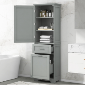 Tall Bathroom Storage Cabinet, Freestanding Storage Cabinet With Two Different Size Drawers And Adjustable Shelf, MDF Board With Painted Finish, (Color: Grey)