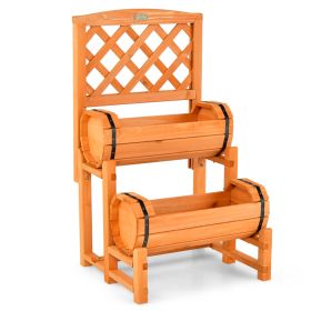 Wooden 2-Tier Raised Garden Bed With 2 Cylindrical Planter Boxes And Trellis (Color: Orange)