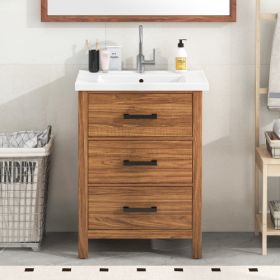 24'' Bathroom Vanity With Ceramic Basin Sink, Modern Bathroom Storage Cabinet With 3 Drawers, Freestanding Bathroom Vanity Cabinet With Single Si (Option: Natural Wood)