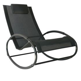 Patio Rocking Chair, Outdoor Chaise Lounger With Headrest Pillow And Breathable Fabric For Backyard, Living Room, Deck And Poolside, Black (Color: Black)