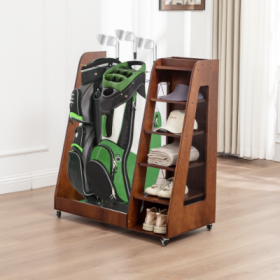 Golf Bag Organizer For Garage, Premium Wooden Golf Clubs Storage Rack Fit 2 Golf Bags, Golf Trunk Organizer For Car Garage Club Shed Basement, (Color: Brown)