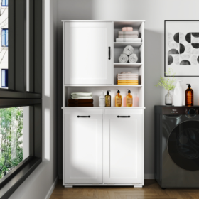 Laundry Cabinet With Doors And Shelf, Tilt-Out Laundry Hamper, Multiple Storage Space, Freestanding Style, Open Shelve, Adjustable Shelf, White (Color: White)