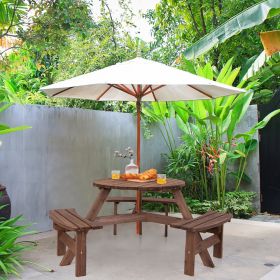 6 Person Wooden Picnic Table Set With Bench And Umbrella Hold (Option: Dark Brown)
