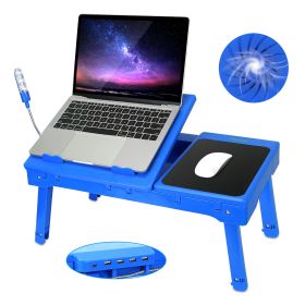 1Pc Foldable Laptop Table Bed Notebook Desk With Cooling Fan Mouse Board LED Light 4 USB Ports Breakfast Snacking Tray With Storage Groove For Ho (Option: 1Pc Blue)