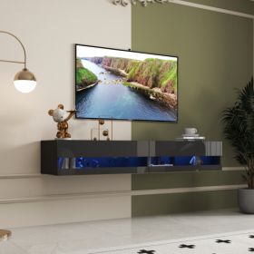 180 Wall Mounted Floating 80 TV Stand With 20 Color LEDs And Charging Station (Color: Black)