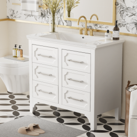 36'' Bathroom Vanity With Resin Sink Combo, Free Standing Single Vanity Set With Four Drawers, Solid Wood Frame Bathroom Storage Cabinet (Color: White)