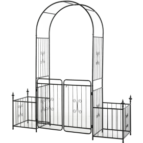 Romantic Archway 86 Metal Garden Arch With Planters For Climbing Vines, Black (Color: Black)