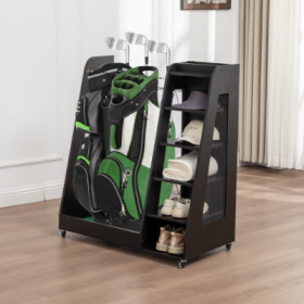 Golf Bag Organizer For Garage, Premium Wooden Golf Clubs Storage Rack Fit 2 Golf Bags, Golf Trunk Organizer For Car Garage Club Shed Basement, (Color: Black)