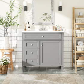 36'' Bathroom Vanity With Top Sink, Modern Bathroom Storage Cabinet With 2 Drawers And A Tip-out Drawer, Single Sink Bathroom Vanity (Color: Grey)
