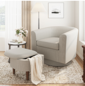 COLAMY Swivel Barrel Accent Chair With Ottoman, Modern Single Sofa, Upholstered Armchair With Storage Space For Home, Beige (Color: Brown)