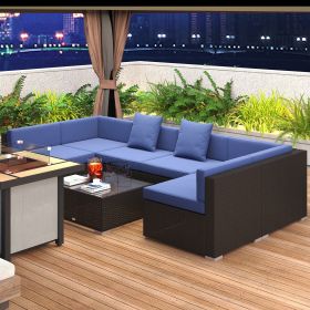 7-Piece Rattan Couch, Outdoor Patio Furniture Set, With Removable Cushions And Ottoman, Glass Coffee Table- Dark Coffee  Blue (Color: Blue)